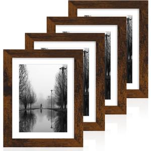 iRahmen 7x10 Picture Frame with Mat 5.5x8.5 - High Definition Real Glass Wooden Photo Frames for Tabletop Display and Wall Mounting (Dark Brown, Set of 4)