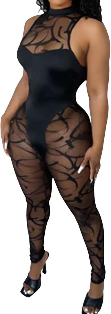 Uni Clau Women One Piece Outfits Mesh Sheer Bodycon Jumpsuit Long Sleeve See Through Party Club Outfits for Women (Medium, Black-c6313)
