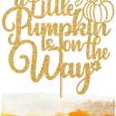 2 x A Little Pumpkin is On The Way Cake Topper, Welcome Little Pumpkin Cake Decor, Fall Autumn Baby Shower/Halloween Thanksgiving Baby Gender Reveal Party Decorations Supplies, Gold Glitter