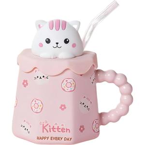 Mark Cup with a Straw Animal Print Stuff Gifts 14oz Ceramic Tea Coffee Cup Kawaii Mugs Funny Animal Mug Cat Mug Birthday Gifts for Women Girls Kids Lovers (Pink-Cat)