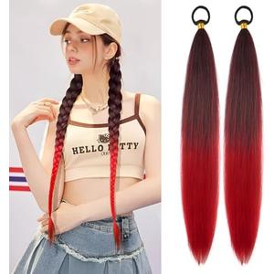 LyoRuSi 2 Pack Braid Ponytail Extension with Elastic Tie Straight Sleek Wrap Around Braid Wig Ponytail Black Red gradient 26 Inch (Black/Red)
