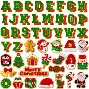 72 Pcs Red and Green Christmas Patches Embroidered Winter Christmas Letter Patches Self Adhesive,Include 52 A-Z Letters Patch,20 Winter Snowman Wreath Penguin Stick on Letter Stickers for Backpacks