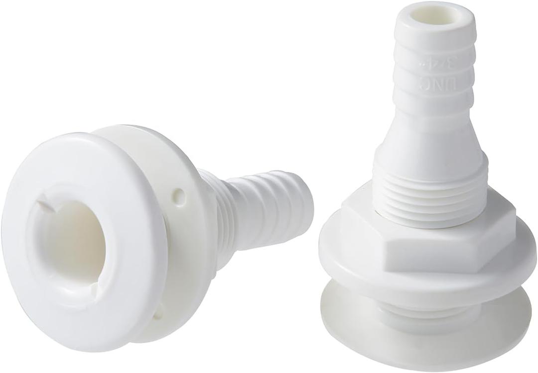BROYEUR 2Pcs Thru Hull Fitting, Thru Hull Connector Fitting Drain Fits 3/ 4" Inch Hose(White, 3/4 Inch)