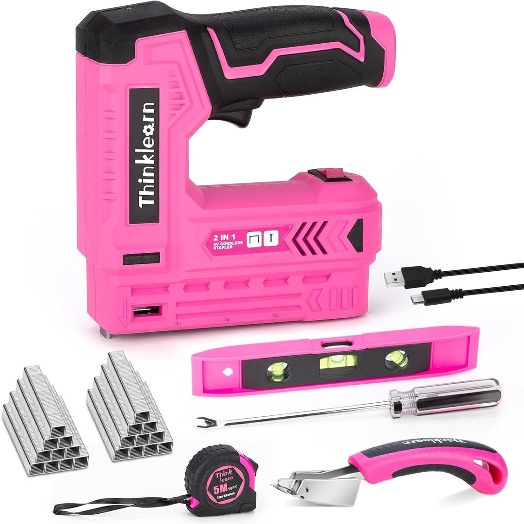 Pink Electric Staple Gun, 7PCS 2 in 1 Cordless Stapler Nail Gun Set with 3300pcs Staples Nails, 4V Brad Nailer Tacker for Upholstery, Wood, Carpentry, Crafts, DIY, Brad Nailer Kit with USB Charger