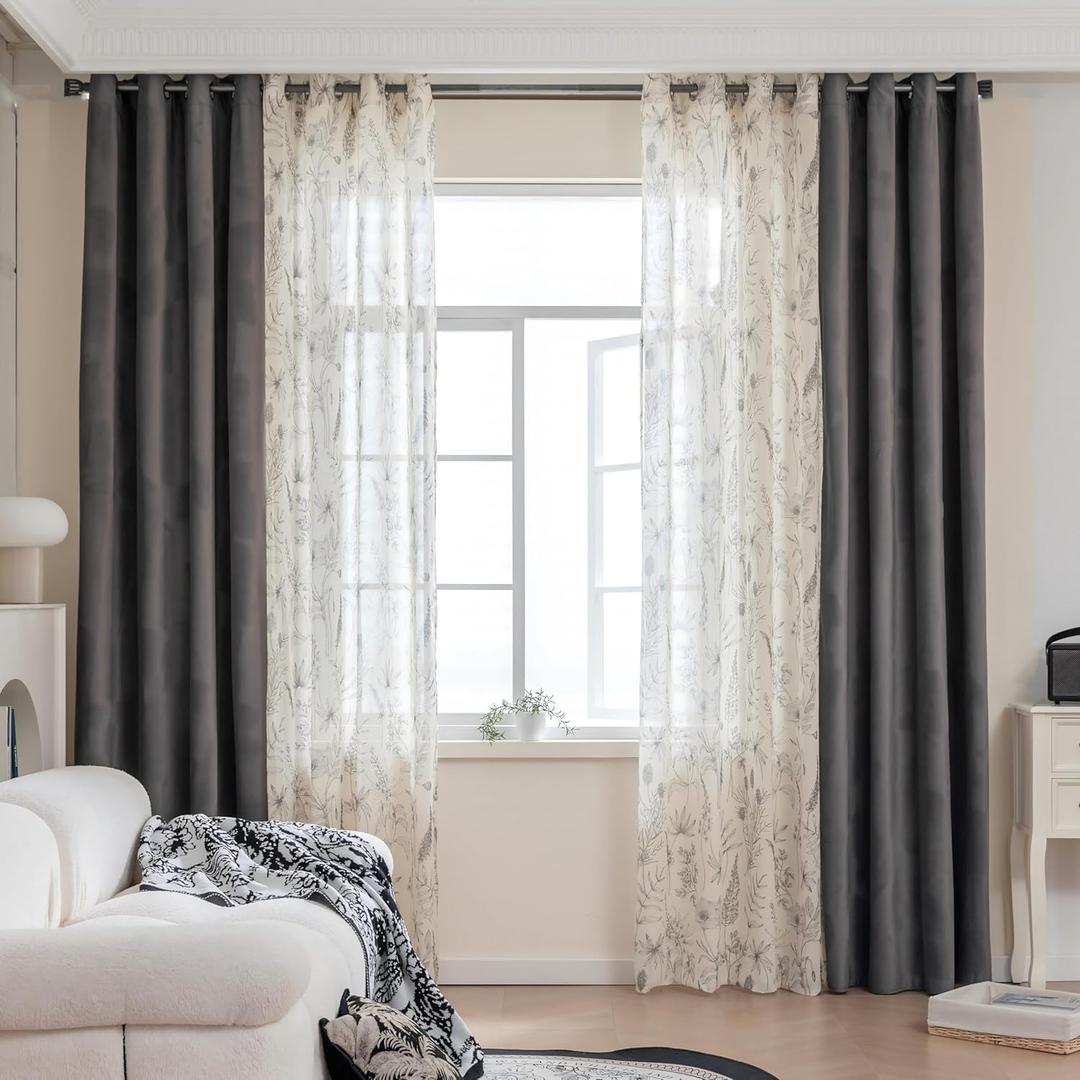 Mix Curtains - 2 Pieces Floral Print Sheer Curtains and 2 Pieces Velvet Blackout Curtains for Bedroom Living Room Grommet Window Drapes, 52x102 Inch, Grey,Set of 4 Panels