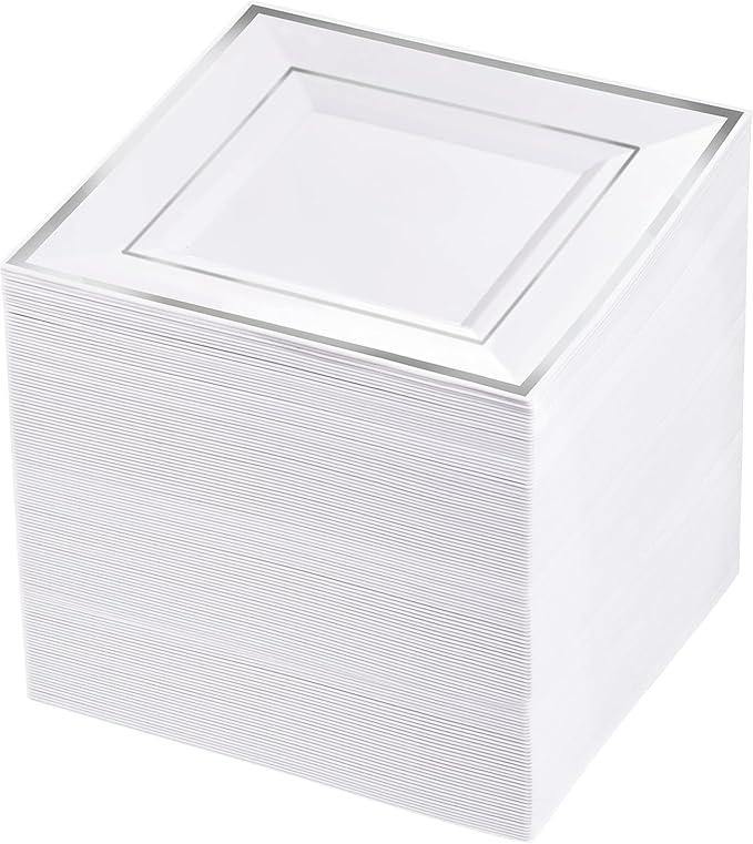bUCLA 100PCS White and Silver Square Plastic Plates - 6inch Disposable Dessert Plates - Suitable for Weddings, Parties, Christmas