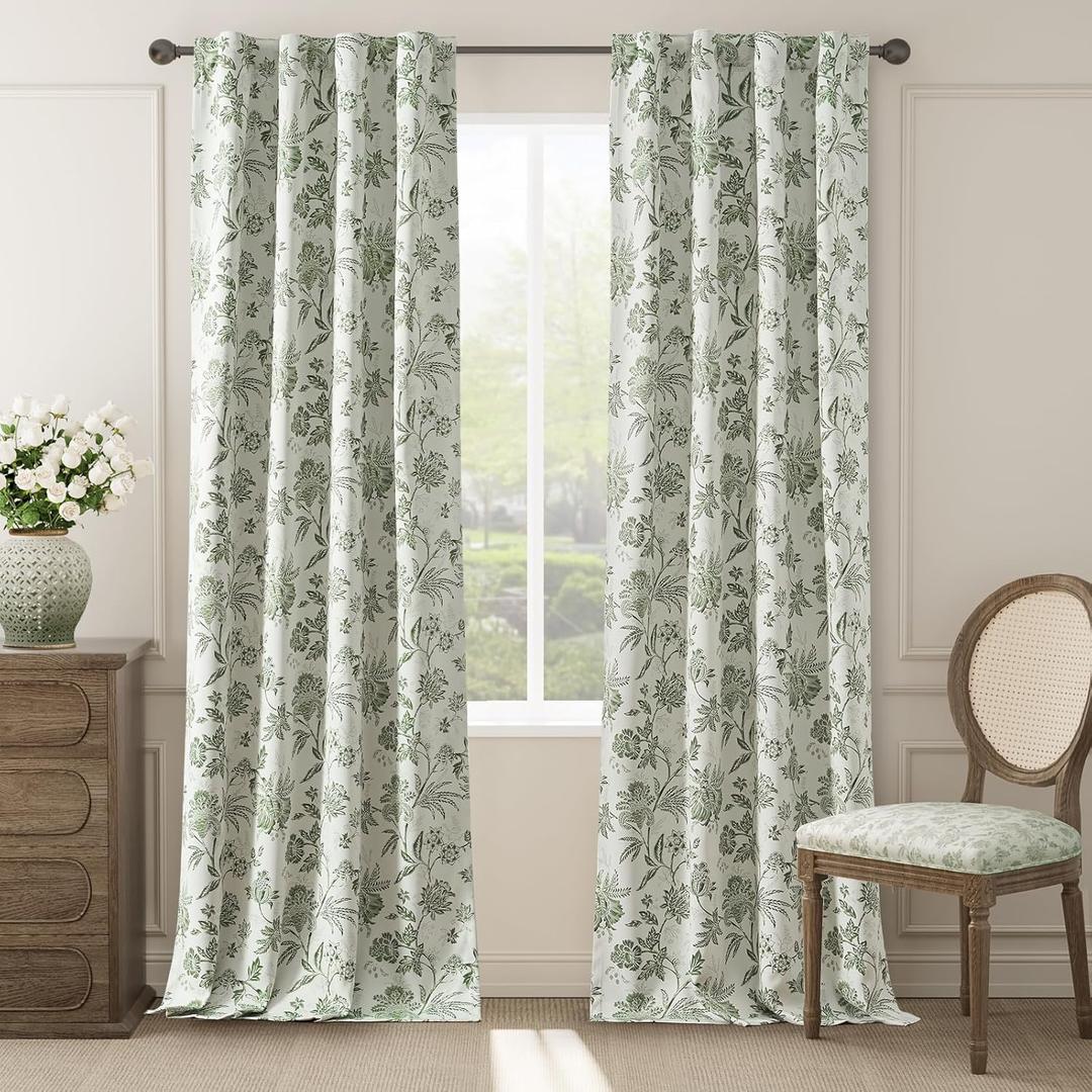 jinchan Blackout Floral Curtains for Bedroom, 96 Inches Long Printed Flower Black Out Cottage Core Curtains, Rod Pocket Back Tab Sage Green Window Treatment Farmhouse Drapes Set 2 Panels (*Jacobean Green on Off White)