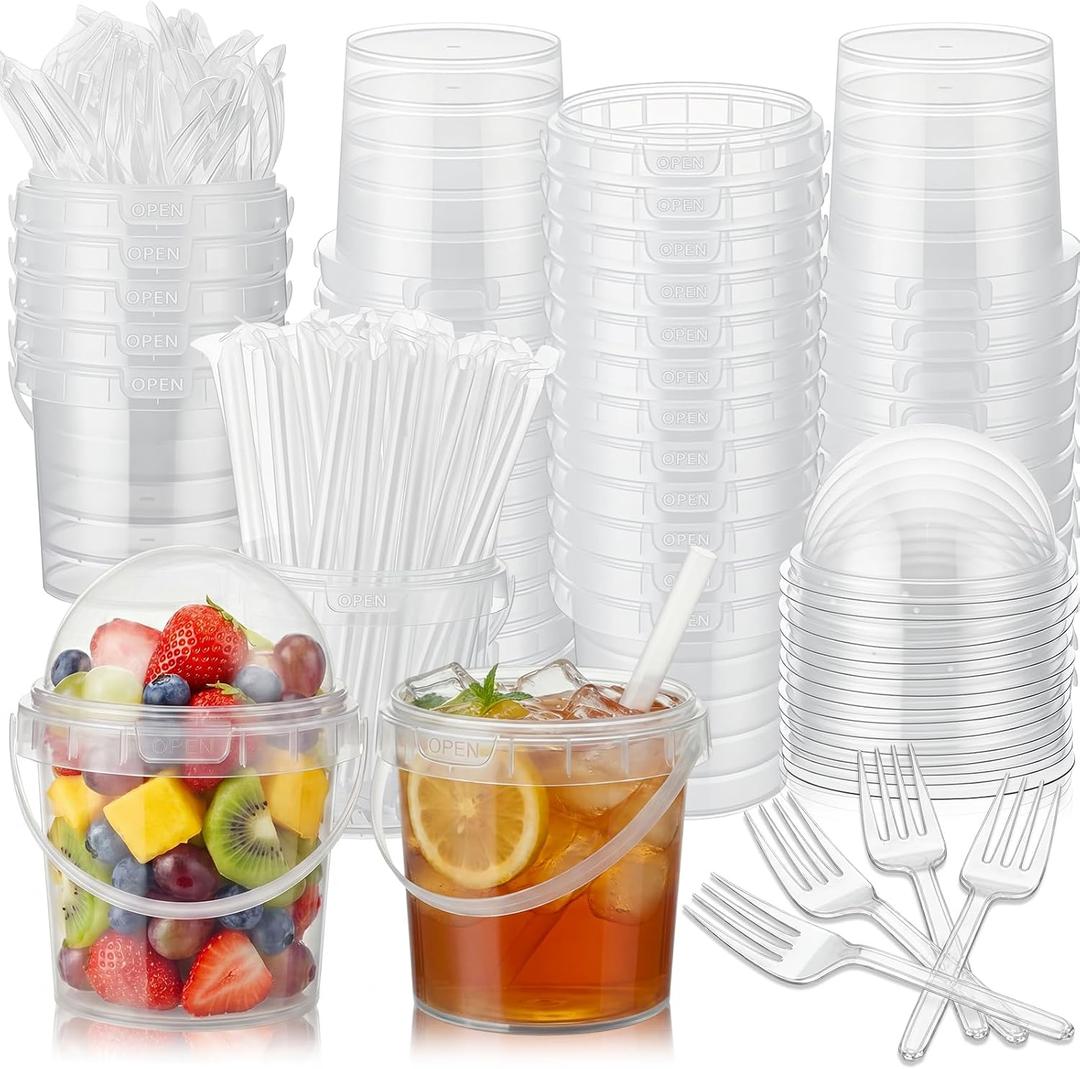 50 Pcs Bucket Cups Bulk Reusable Plastic Drink Buckets with Lids Dome Forks and Straws 32 oz Ice Cream Freezer Food Storage Containers for Popcorn Pail Outdoor Travel Beverage Party Picnic