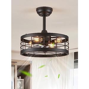 LEDIARY 16.5 inch Black Caged Ceiling Fan with Light, Fandelier Industrial Ceiling Fan with Remote, Farmhouse Fan Lights Ceiling Fixtures for Kitchen, Bedroom, Outdoor（6 Speed, Timing）-Black