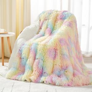Uttermara Faux Fur Weighted Blanket Queen Size 15 lbs 60x80 inches, Warm Sherpa Weighted Blankets for Adults, Thick Heavy Blanket with Soft Plush Fleece & Cozy Sherpa Great for Relax, Rest, Rainbow