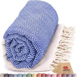 Turkish Beach Towel 100% Cotton Bath Towels 71x39 Quick Dry Sand Free Lightweight Large Oversized Herringbone Dark Blue