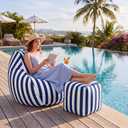 Outdoor Bean Bag Chair Set with Ottoman, Waterproof, Teardrop Boat Bean Bags and Matching Square Footrest, Breathable Weather Resistant Fabric for Marine Patio Pool(Blue White Stripe)
