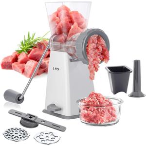 LHS Manual Meat Grinder with Stainless Steel Blades Heavy Duty Powerful Suction Base for Home Use Fast and Effortless for All Meats-Gray