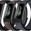 Sport Loop Nylon Watch Bands Compatible with Fitbit Charge 6/5, Adjustable Breathable Replacement Soft Nylon Loop Wristband for Women/Men (Dark Black+Black Rainbow+Hyper Grape Purple)