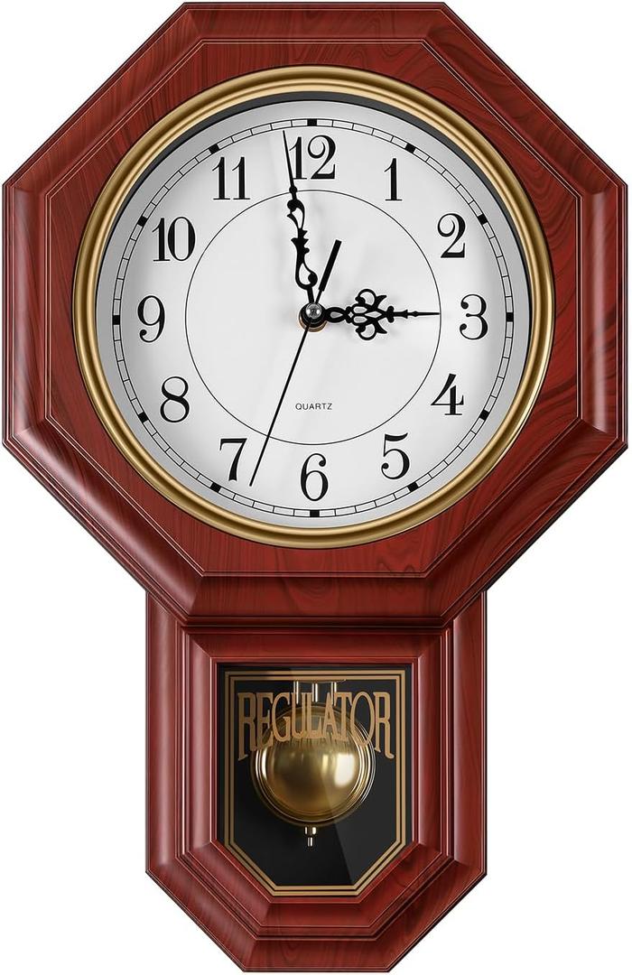 Regulator Wall Clock with Pendulum, Imitation Red Wood Plastic Wall Clock Battery Operated, Vintage Decorative Wall Clocks for Living Room, Farmhouse, Office, Bedroom, Kitchen, Wall Decor