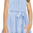 Newffr Girl's Halter Neck Sleeveless Summer Dress Tie Waist A-line Sundress Mini Swing Pleated Dress for Girls (9-10 Years)