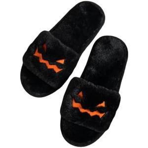 Halloween Pumpkin Cozy Slippers Spooky Comfy Autumn Winter Slippers, Fuzzy Plush Winter Indoor Outdoor (Black)
