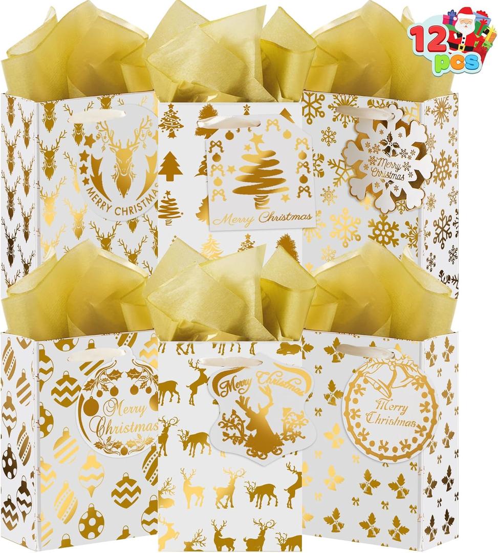 JOYIN 12 PCS Christmas Foil Gold Gift Bags with Tissue Papers and Name Card Tags, Assorted White Winter Prints for Xmas Presents Wrapping Stocking Stuffers Thanksgiving New Year(4" x 6" x 2")