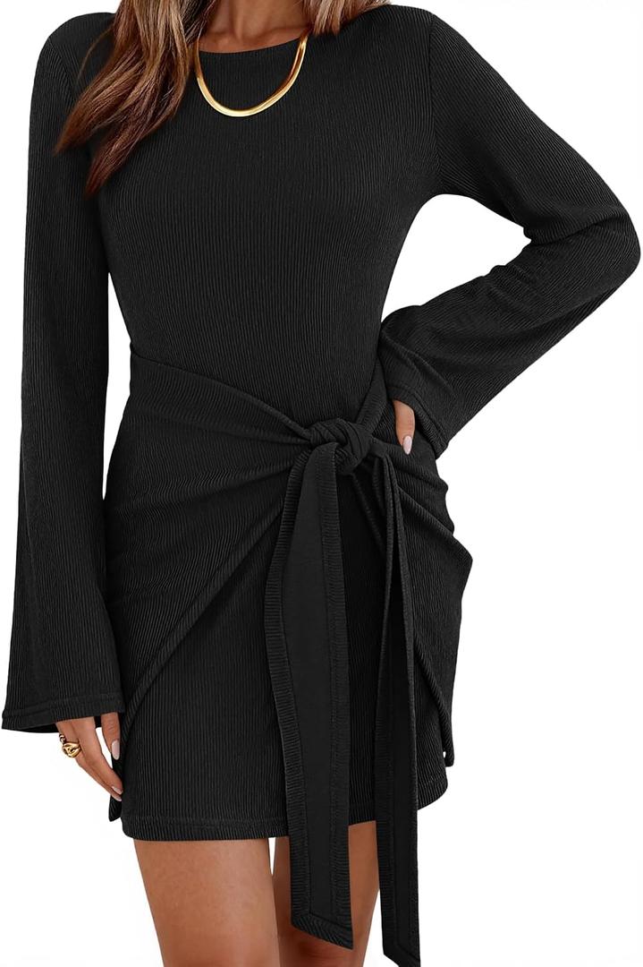 dowerme Women's Casual Mini Dress 2025 Bell Long Sleeve Boat Neck Tie Waist Bodycon Dresses Knitted Party Fall Outfits(Black, X-Large)