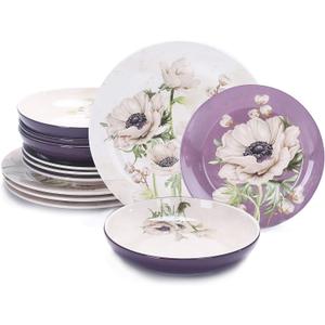 Bico Purple Poppy Ceramic 12 pcs Dinnerware Set, Service for 4, Inclusive of 11 inch Dinner Plates, 8.75 inch Salad Plates and 35oz Dinner Bowls, for Party, Microwave & Dishwasher Safe
