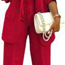 HuiSiFang Women's Business Casual Suits 2 Piece Dressy Blazer and Loose Straight Leg Pants Set (XX-Large, Red)
