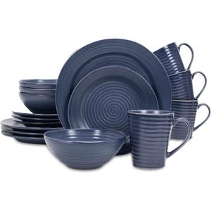 Elanze Designs Charming Chic Ribbed Modern Thrown Pottery Look Ceramic Stoneware Plate Platter Mug & Bowl Kitchen Dish Dinnerware 16 Piece Set - Service for 4, Navy Royal Blue