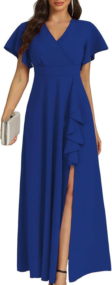 COOAN Women's Black Long Formal Dresses Cocktail Wedding Guest Dress Ruffle Split Elegant V Neck Party Gowns, Large