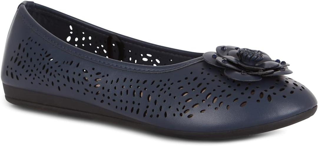 Antwerp Womens Flats Slip-On Shoes Comfortable with Memory Foam Eyelet Details & Rose Ornament (8.5 Wide, Navy)