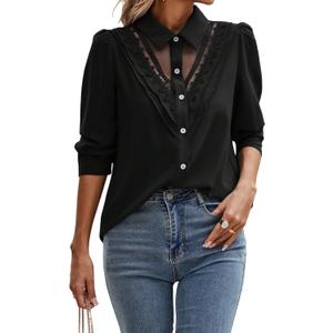 OYOANGLE Women's Lace Sheer Button Down Puff Long Sleeve Blouse Business Casual Dressy Tops (X-Large, Black)