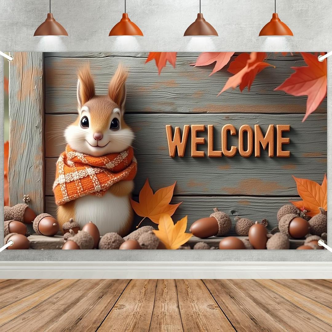 Fall Decorations for Home, Welcome Fall Photography Backdrop Thanksgiving Harvest Party Banner Cute Squirrel Photo Booth Background 70.8 x 43.3 Inch