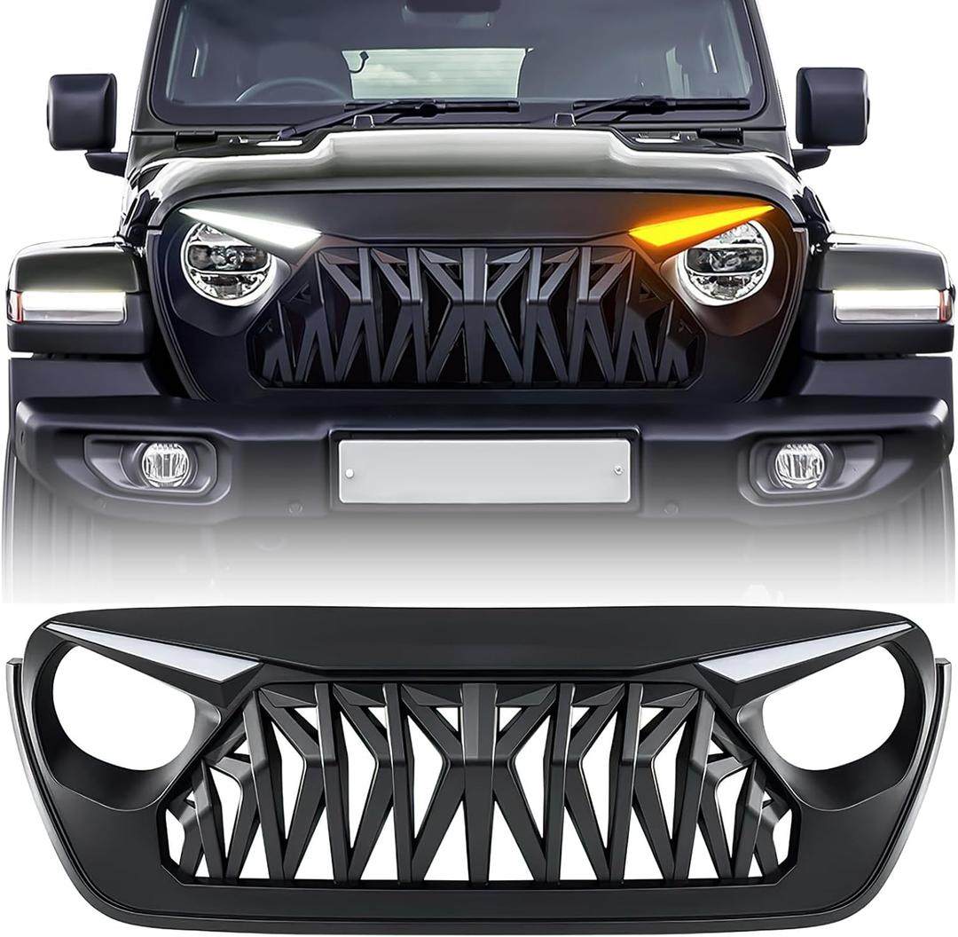 Front Grill Compatible with 2018-2026 Jeep Wrangler JL JLU & 2020+ Gladiator JT, Shark Grille w/DRL and Turn Signal Lights, Matte Black