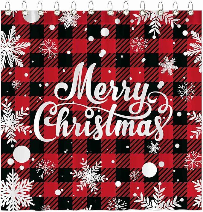 Funnytree Merry Christmas Shower Curtain Set with Hooks Bathroom Bathtubs Decor Easy Care Washable Durable Polyester Fabric 72"x72"