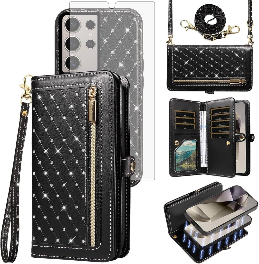 Phone Case for Samsung Galaxy S25 Ultra 5G Zipper Wallet Detachable Cell Cover with Screen Protector Crossbody Lanyard Strap Bling Glitter Flip Card Holder Slot S25Ultra 25S S 25 25Ultra Women Black