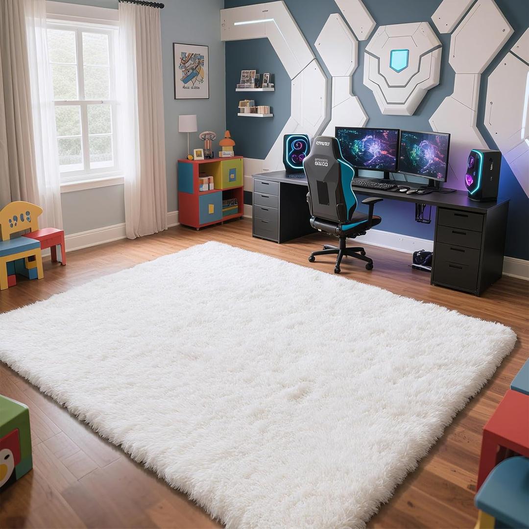 yongyangjuxin Fluffy Rug Shaggy Area Rug, White 6x9 Area Rugs for Living Room, Large Shag Area Rugs for Bedroom Kids Room Home Decor, Upgrade Anti-Skid Rectangular Fuzzy Rugs