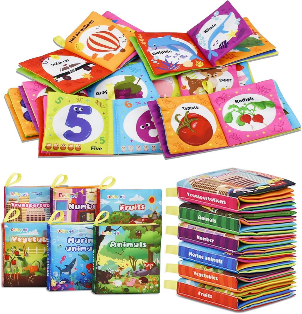 Dr.Rapeti Soft Cloth Books Baby Books Bath Books 6-Pack for Baby Infant Toddler Kids Crinkle Squeaky Washable Chewable Non-Toxic Early Educational Giftable (Colorful 2)