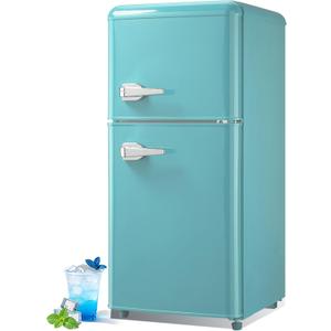 Retro Mini Fridge with Freezer 4.0 Cu. Ft, Small Refrigerator with 7 Level Adjustable Thermostat, Compact Classic Dual Door Fridge Removable Glass Shelves for Apartments, Dorm, Office, Mint Green