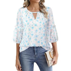 Timeson Business Tops for Women: 3/ 4 Sleeve - Women Blouse - Women Shirts Casual Dressy Spring Floral Ladies Tops office Work Clothing Summer Chiffon Tunic Loose Fancy Professional Interview Outfits, Size: XL