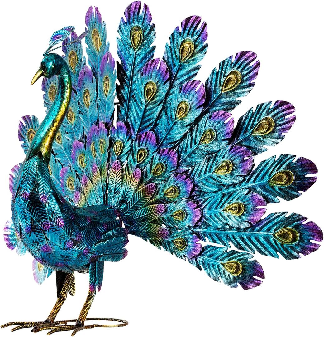 Alpine Corporation 23" Tall Outdoor Metallic Peacock Tail Spread Yard Statue, Vibrant Garden Sculpture for Patio, Lawn, or Entryway, Multicolor