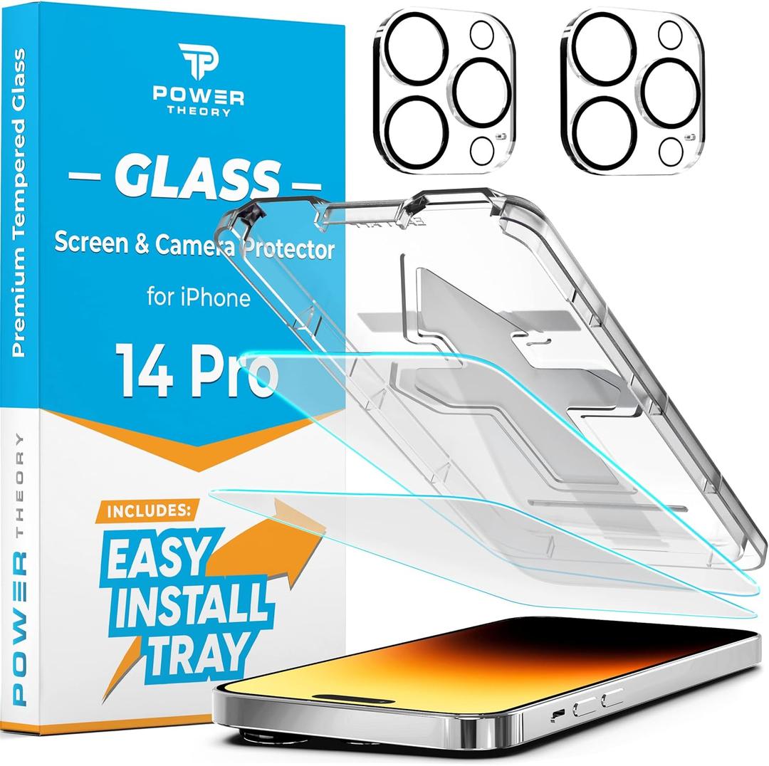 Power Theory Designed for iPhone 14 Pro Screen Protector and Camera Lens Protectors with Easy Install Kit [Premium Tempered Glass], 9H Hardness, (3 Pack)
