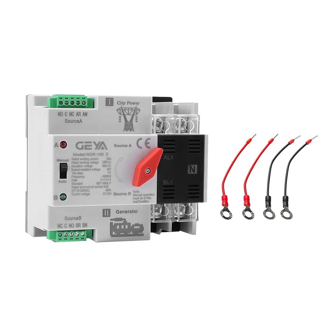Mini ATS Automatic Transfer Switch 2P 100A AC110V, IGEYAPA 2POLE 100amps ATS Dual Power Switch for Home Generator, Din Rail Mounted Controller Electrical Type RV Fast Transfer (W2R 2P 100A AC110V)