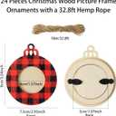 3 x 24 Pieces Wooden Christmas Picture Frame Ornaments with Twine, Buffalo Plaid Picture Frames Round Photo Frame Ornaments Xmas Family Tree Picture Frame for Xmas Holiday Party Decoration Supplies (Assorted Color)