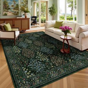 Yarooge 8x10 Area Rugs, Green Washable Low Pile Floral Rugs for Living Room, Bedroom, Large Boho Area Rug with Non-Slip Backing for Dining Room
