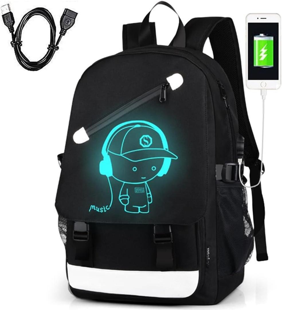 Anime Luminous Backpack Noctilucent School Bags Daypack USB chargeing port Laptop Bag Handbag For Boys Girls Men Women (Music boy 2)