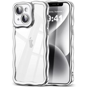 3 x  SKYLMW Compatible with iPhone 13 Pro Max Case, Kawaii Cute Curly Wave Frame Luxury Plating Edge, Stylish Glossy Clear Back, Soft TPU Shockproof Protective Cases for iPhone 13 Pro Max, Silver