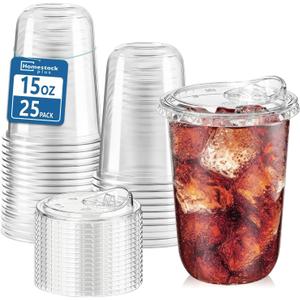 Homestockplus 25 Pack 15 oz BPA-Free Clear Plastic Cups with Strawless Sip Lids - Leak-Proof Round Bottom Disposable Iced Coffee Cups for Kids, To-Go Cold Drinks, Ideal for Small Parties & Daily Use (EXP 08/03/26)