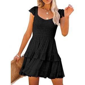 Women Summer Dresses Casual Boho Smocked Ruffle Sun Beach Babydoll Mini Dress Layered Flowy Swing Dress S