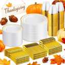 WELLIFE 600 PCS Gold Disposable Dinnerware Set for 100 Guests, Gold and White Plastic Plates for Party, 100 Each-Dinner & Salad Plates, Cups, Forks Knives Spoons for Wedding and Party