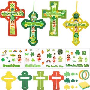Gersoniel 24 Set St. Patrick's Day Cross Crafts Saint Patty's Day Hanging DIY Art and Craft Kits with Sticker Make Your Own Christian Irish Cross for Spring Sunday School Activity Supplies Decor