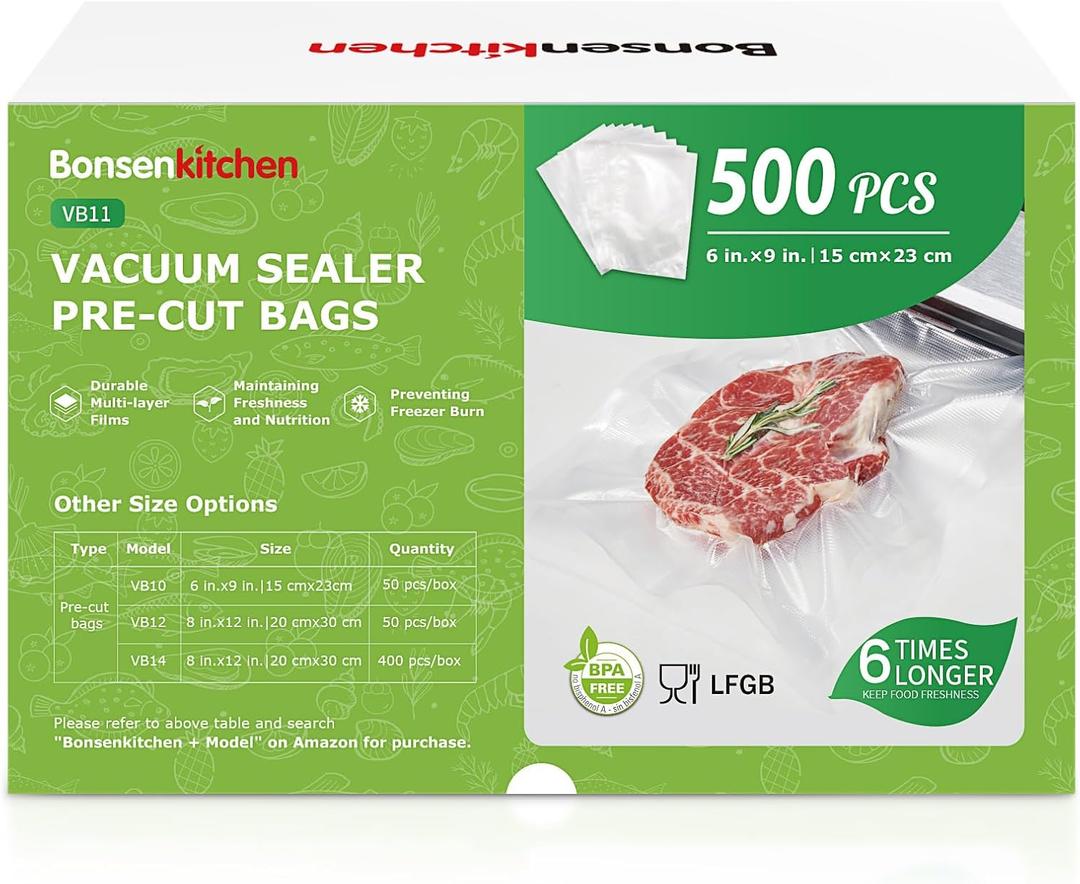 Bonsen kitchen Precut Vacuum Sealer Bags, 500 Pint 6" x 9" Food Sealer Bags, Commercial Grade, BPA Free, Heavy Duty, Customized Size Vacuum Bags for Vac Storage, Meal Prep or Sous Vide Cooking, VB11