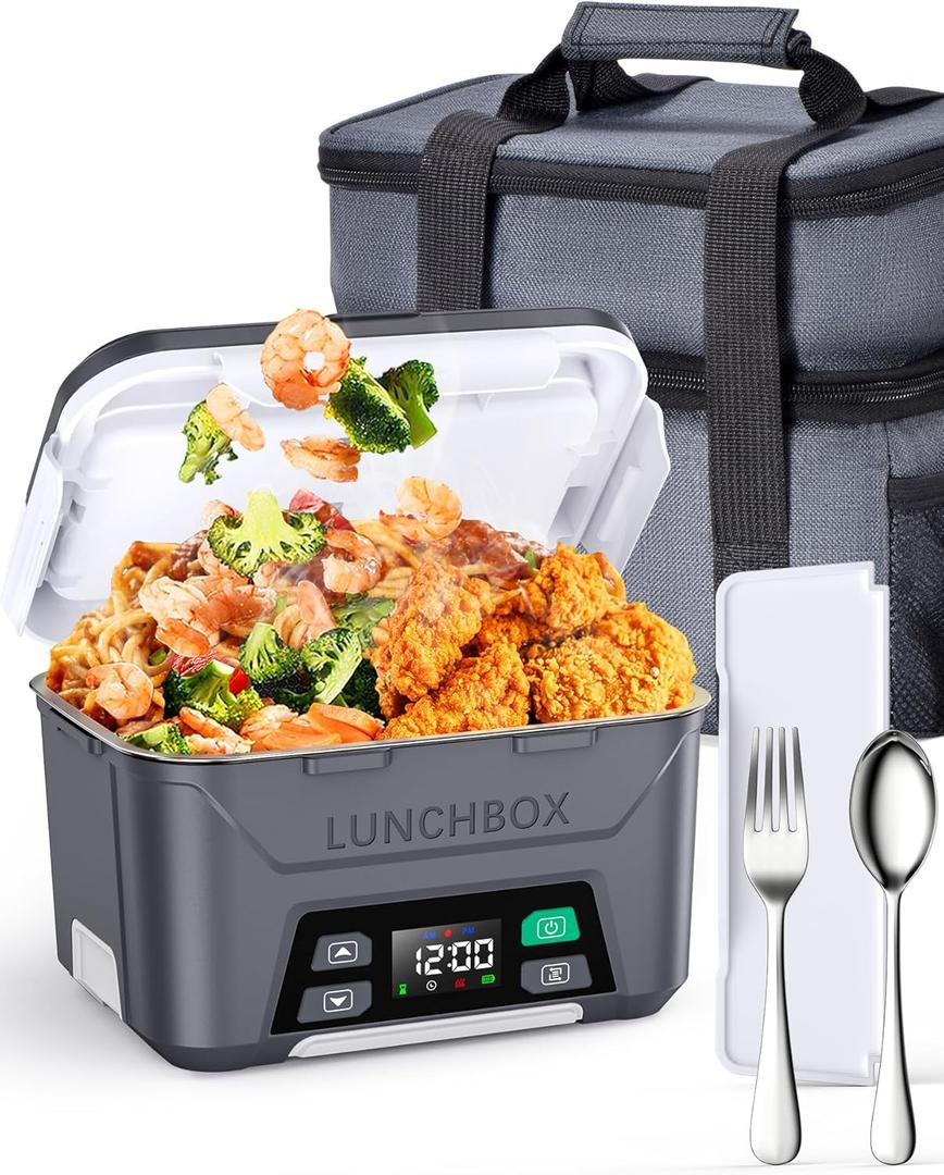 Rechargeable Heated Lunch Box for Men, 1.3L Cordless Electric Lunch Box for Adults with Scheduled Heating, Portable Food Warmer with Large Bag, Cutlery, Removable Divider (Gray)